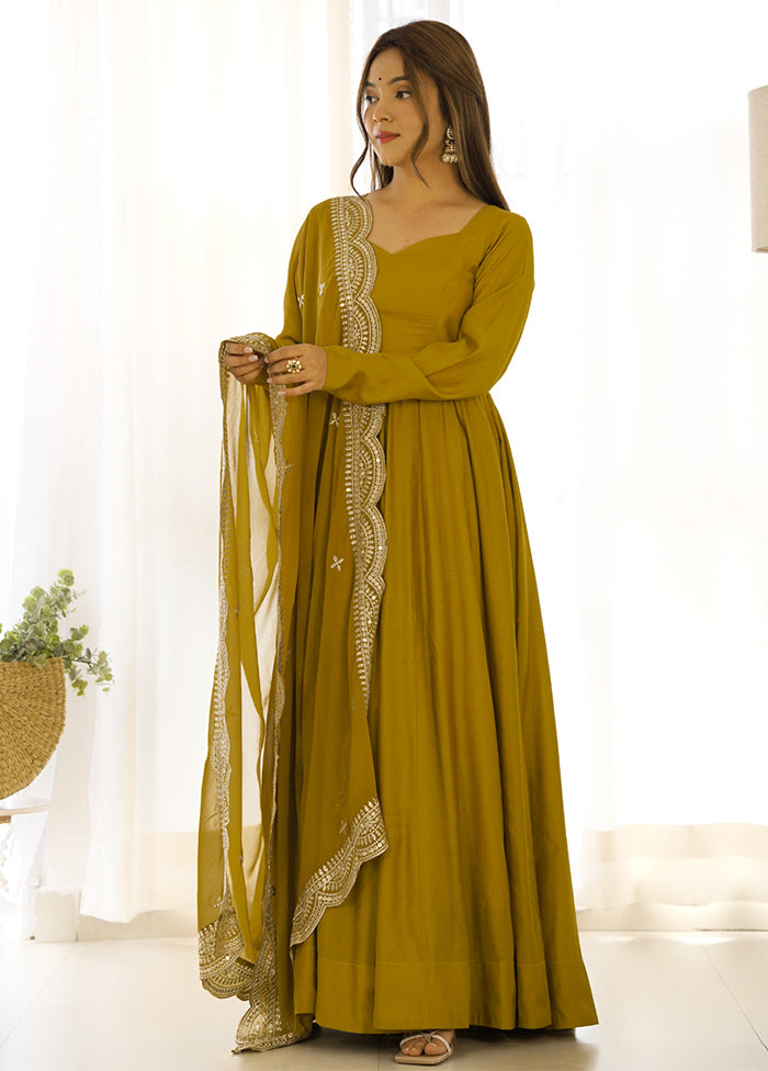 3 Pc Mustard Pure Readymade Chanderi Suit Set