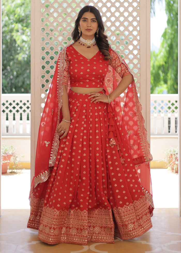 3 Pc Red Pure Viscose Semi Stitched Lehenga Set