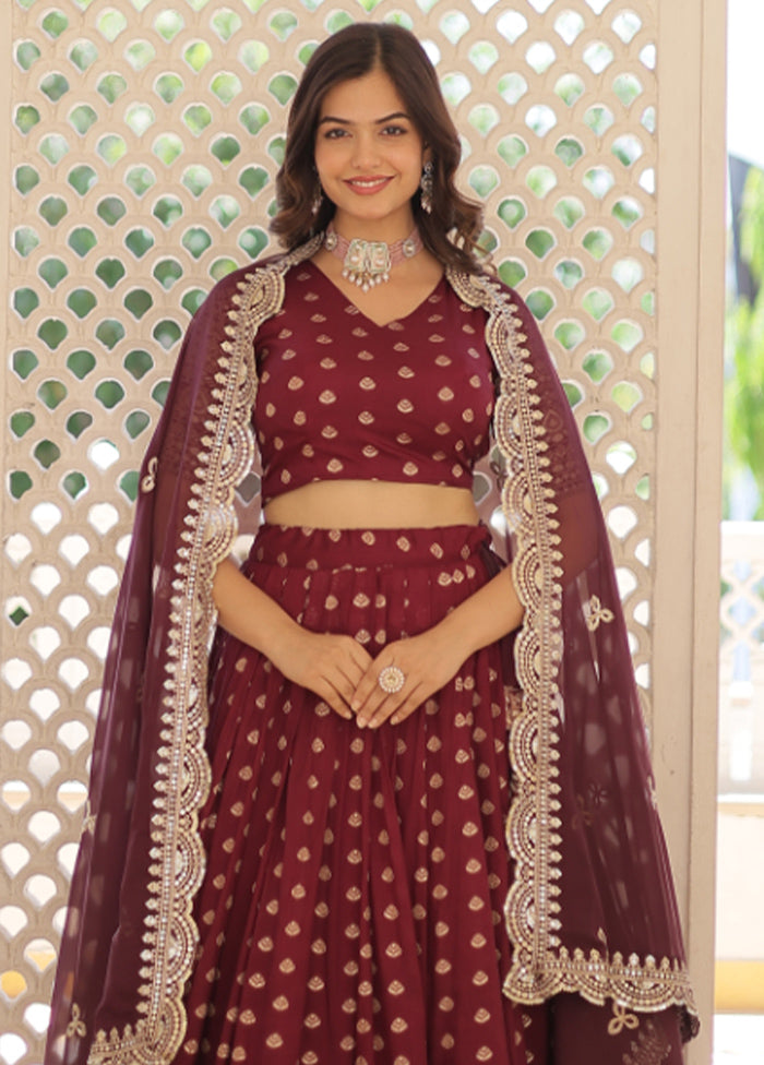 3 Pc Wine Pure Viscose Semi Stitched Lehenga Set