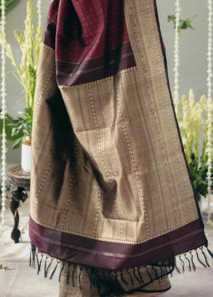 Wine Banarasi Silk Saree With Blouse Piece