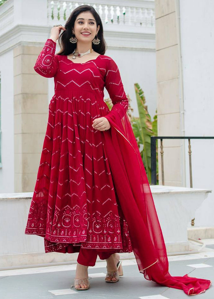 3 Pc Red Readymade Georgette Suit Set