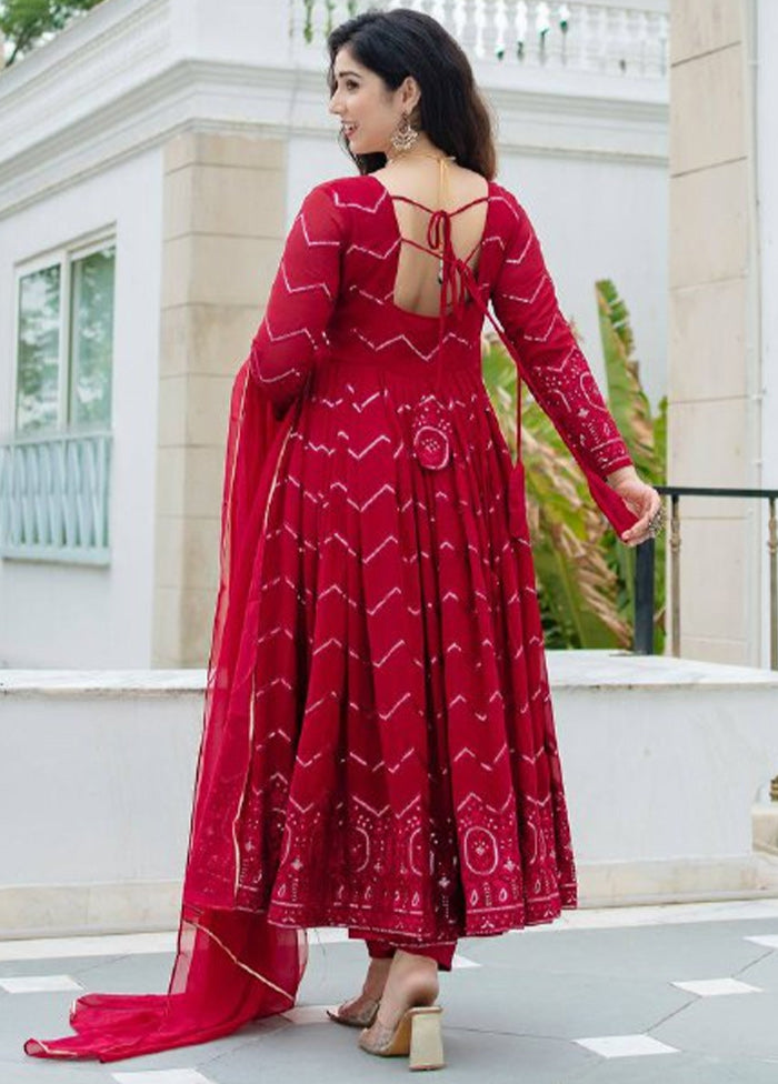 3 Pc Red Readymade Georgette Suit Set