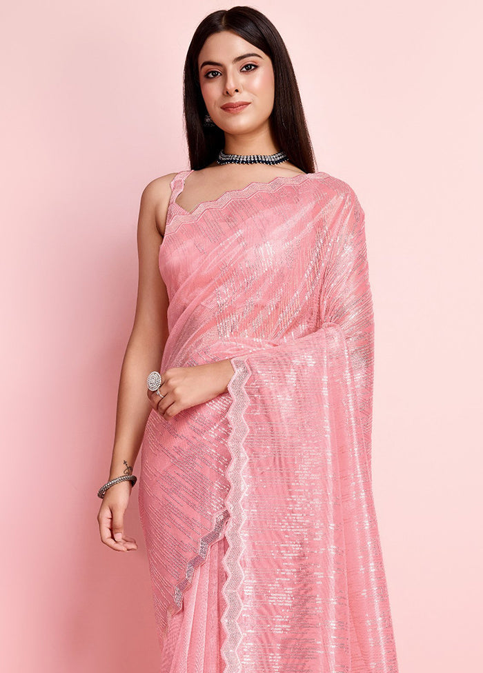 Baby Pink Net Saree With Blouse Piece