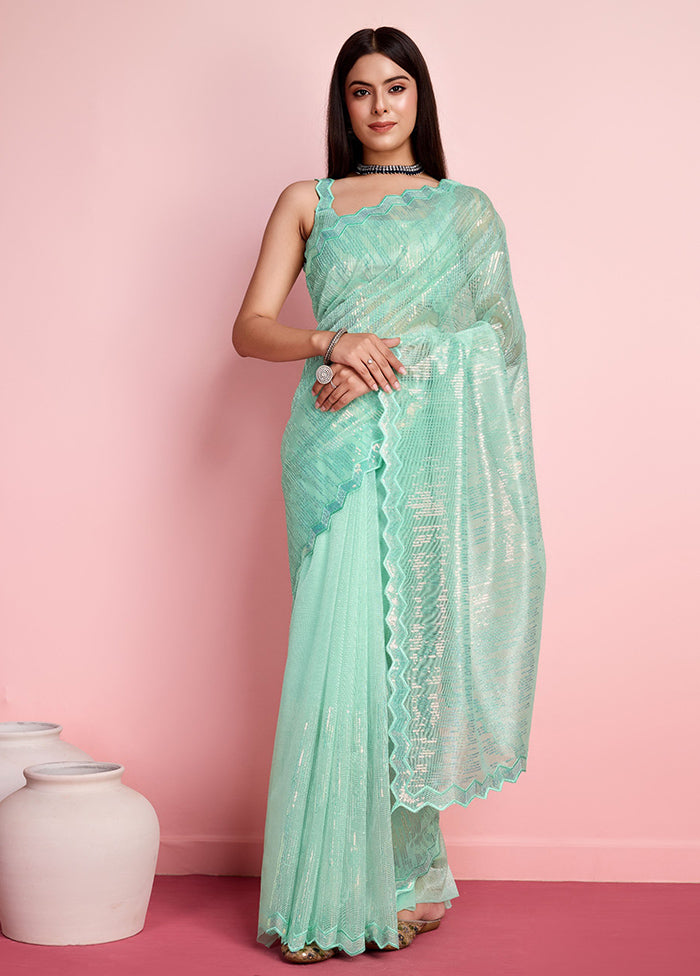 Mint Green Net Net Saree With Blouse Piece