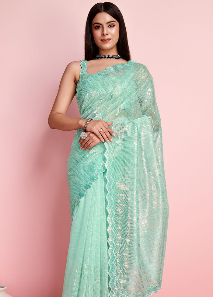 Mint Green Net Net Saree With Blouse Piece