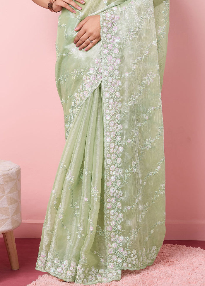 Pista Green Dupion Silk Saree With Blouse Piece