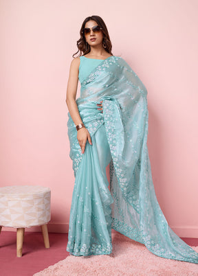 Sky Blue Dupion Silk Saree With Blouse Piece