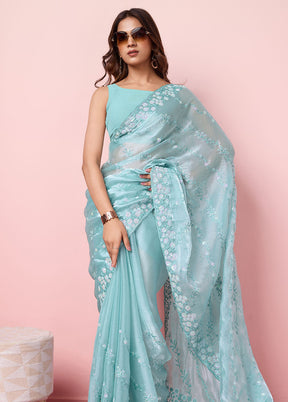 Sky Blue Dupion Silk Saree With Blouse Piece