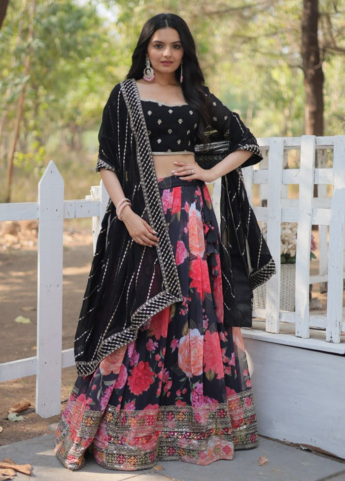 3 Pc Black Georgette Semi Stitched Lehenga Set