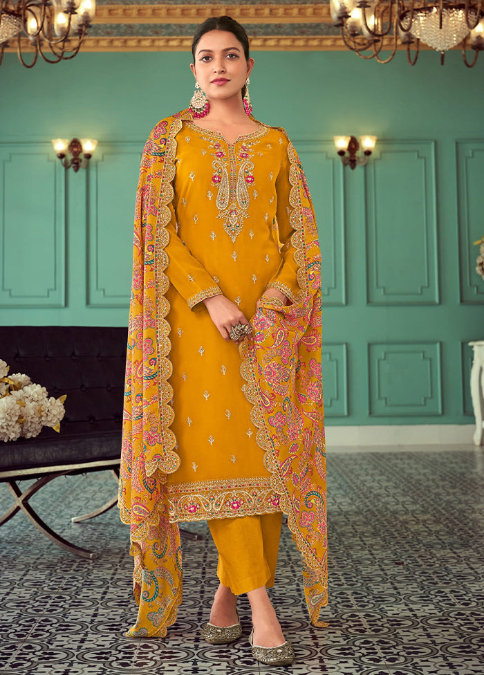 3 Pc Mustard Semi Stitched Georgette Suit Set