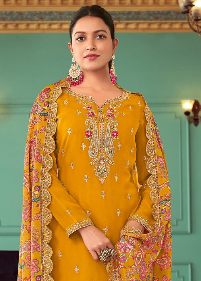 3 Pc Mustard Semi Stitched Georgette Suit Set