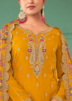 3 Pc Mustard Semi Stitched Georgette Suit Set