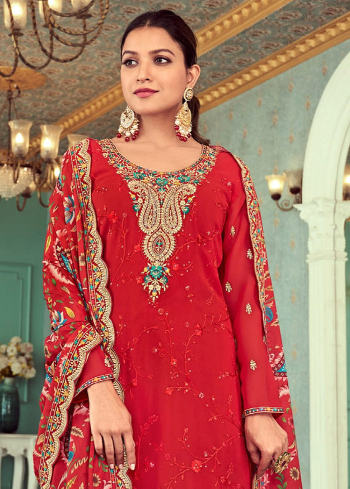 3 Pc Red Semi Stitched Georgette Suit Set