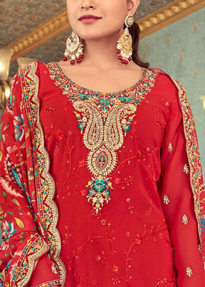 3 Pc Red Semi Stitched Georgette Suit Set