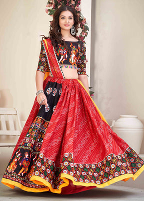 3 Pc Red Cotton Semi Stitched Lehenga Set