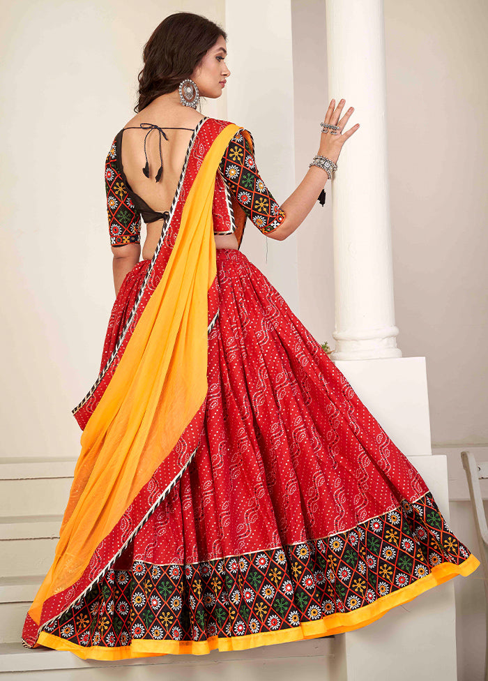 3 Pc Red Cotton Semi Stitched Lehenga Set