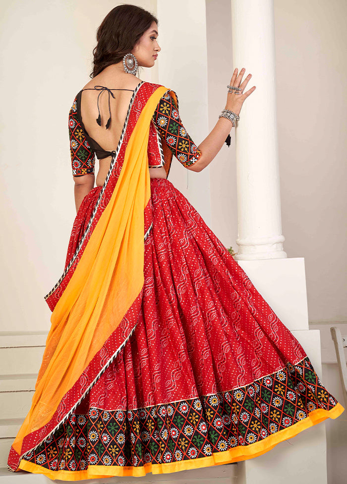 3 Pc Red Cotton Semi Stitched Lehenga Set