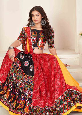 3 Pc Red Cotton Semi Stitched Lehenga Set