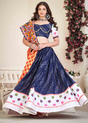 3 Pc Blue Cotton Semi Stitched Lehenga Set