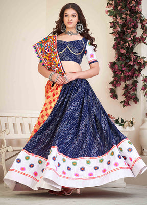 3 Pc Blue Cotton Semi Stitched Lehenga Set