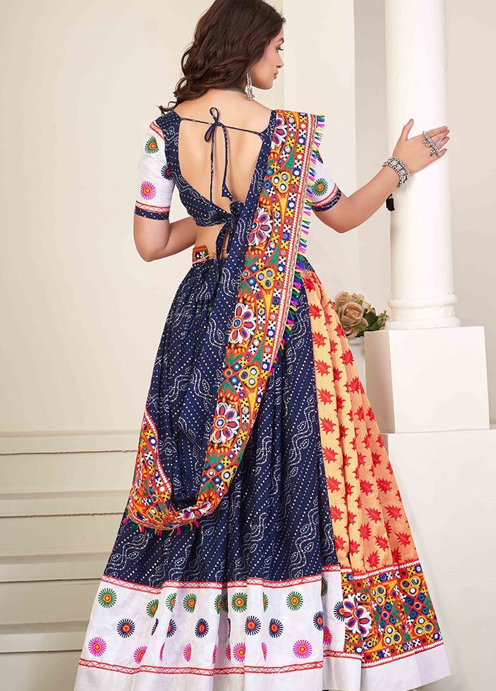 3 Pc Blue Cotton Semi Stitched Lehenga Set