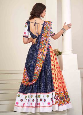 3 Pc Blue Cotton Semi Stitched Lehenga Set