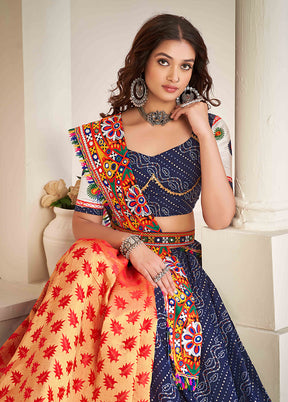 3 Pc Blue Cotton Semi Stitched Lehenga Set