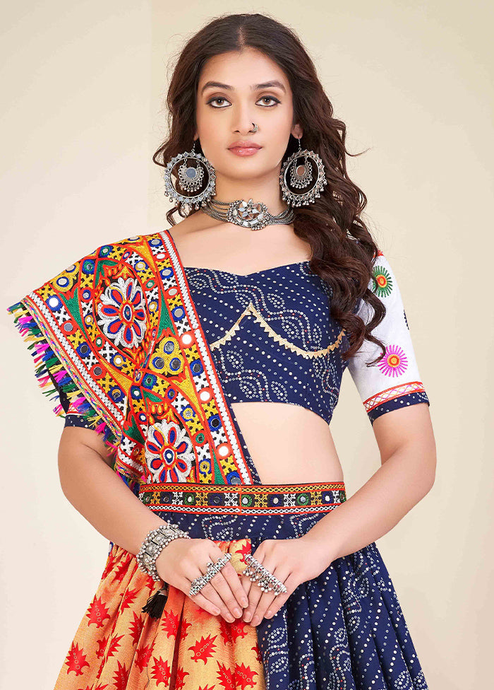 3 Pc Blue Cotton Semi Stitched Lehenga Set