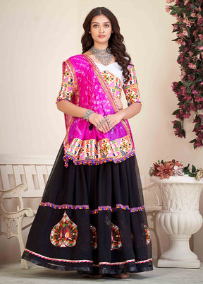 3 Pc Black Georgette Semi Stitched Lehenga Set