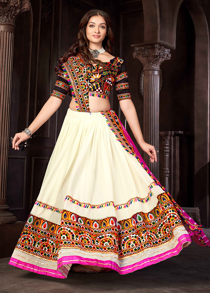 3 Pc Off White Georgette Semi Stitched Lehenga Set