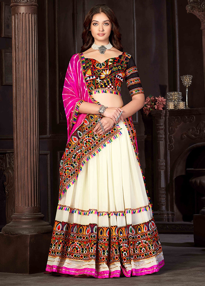 3 Pc Off White Georgette Semi Stitched Lehenga Set