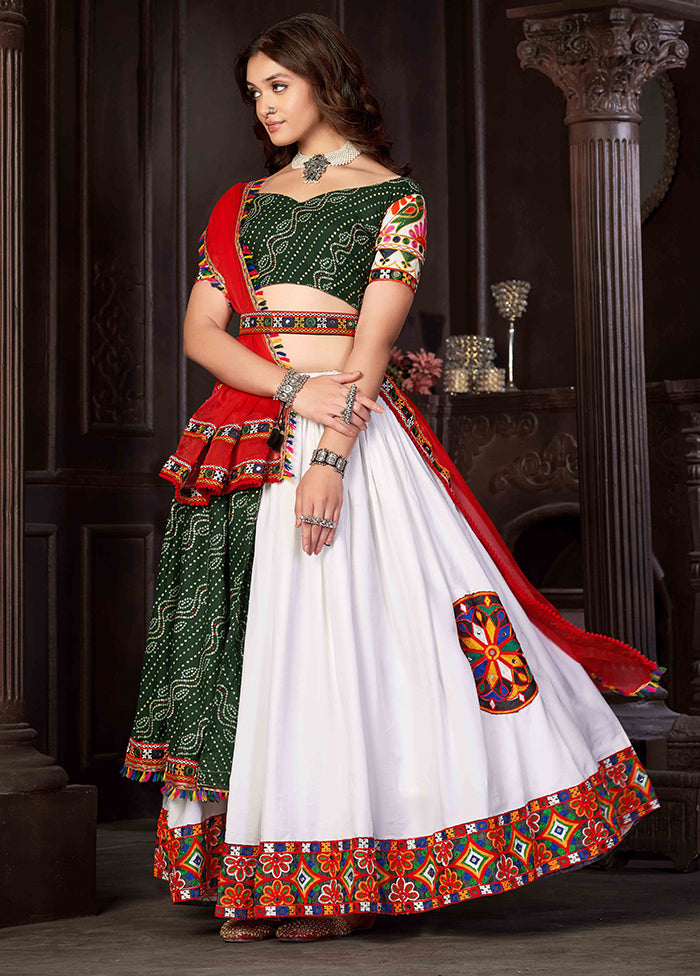 3 Pc White Cotton Semi Stitched Lehenga Set