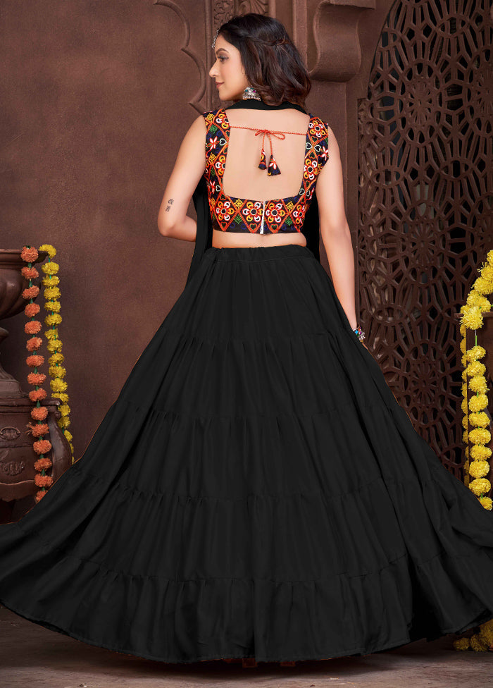 3 Pc Black Silk Semi Stitched Lehenga Set