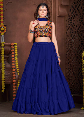 3 Pc Blue Silk Semi Stitched Lehenga Set