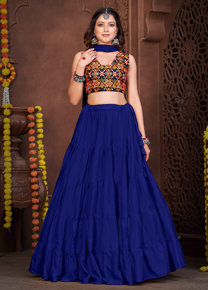 3 Pc Blue Silk Semi Stitched Lehenga Set