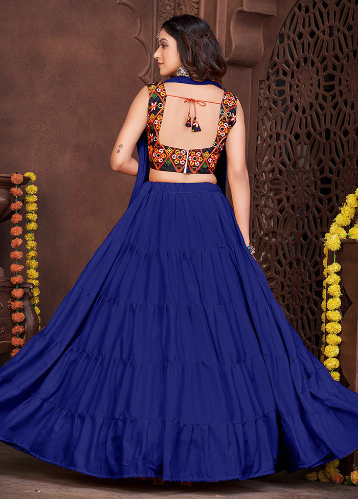 3 Pc Blue Semi Stitched Lehenga Set