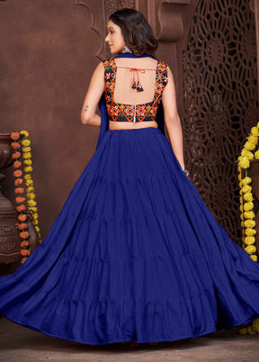 3 Pc Blue Silk Semi Stitched Lehenga Set