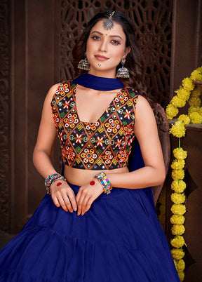 3 Pc Blue Silk Semi Stitched Lehenga Set