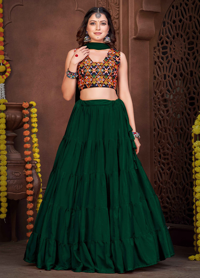 3 Pc Green Silk Semi Stitched Lehenga Set