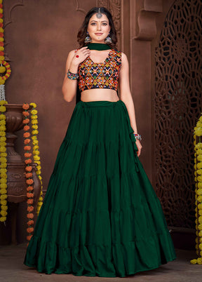 3 Pc Green Silk Semi Stitched Lehenga Set