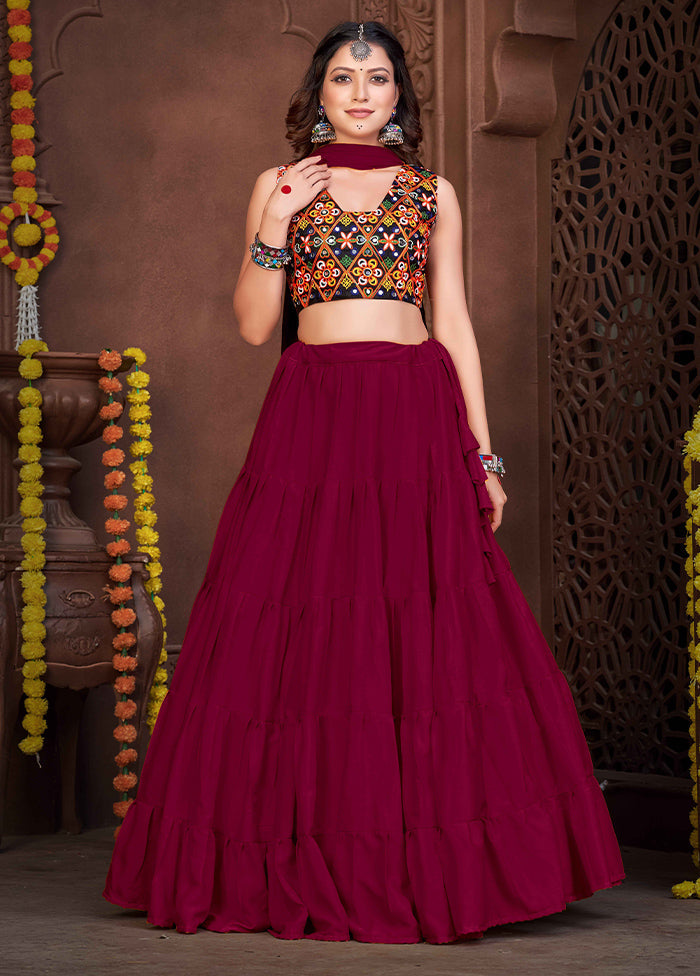 3 Pc Maroon Semi Stitched Lehenga Set