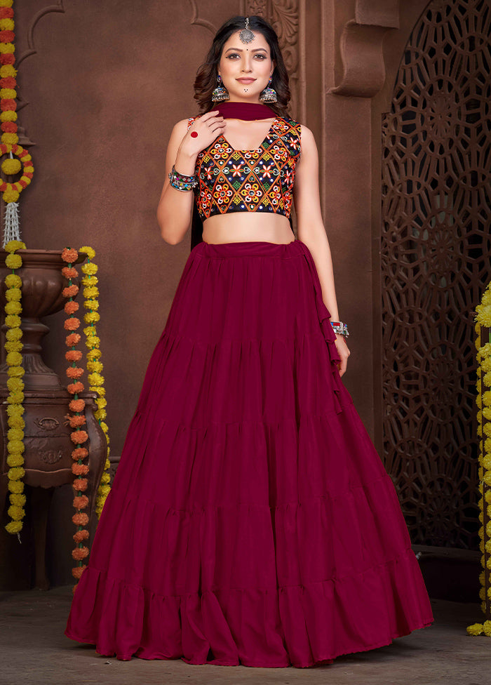 3 Pc Maroon Silk Semi Stitched Lehenga Set