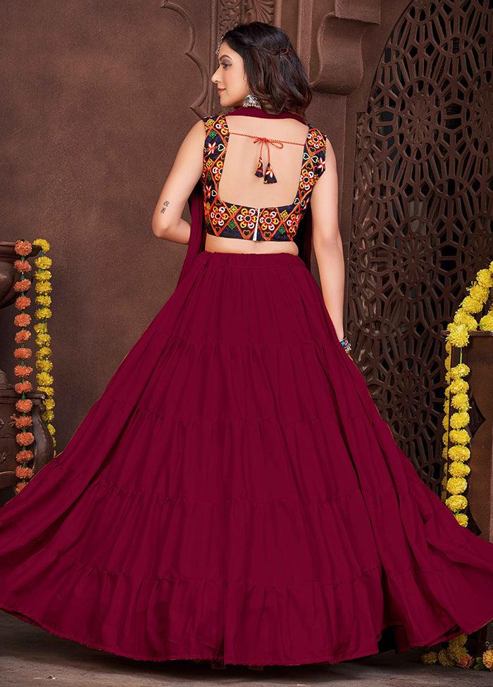 3 Pc Maroon Semi Stitched Lehenga Set