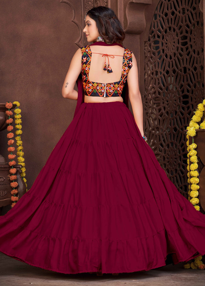 3 Pc Maroon Silk Semi Stitched Lehenga Set