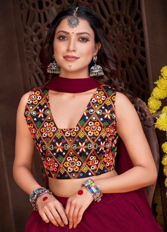 3 Pc Maroon Silk Semi Stitched Lehenga Set