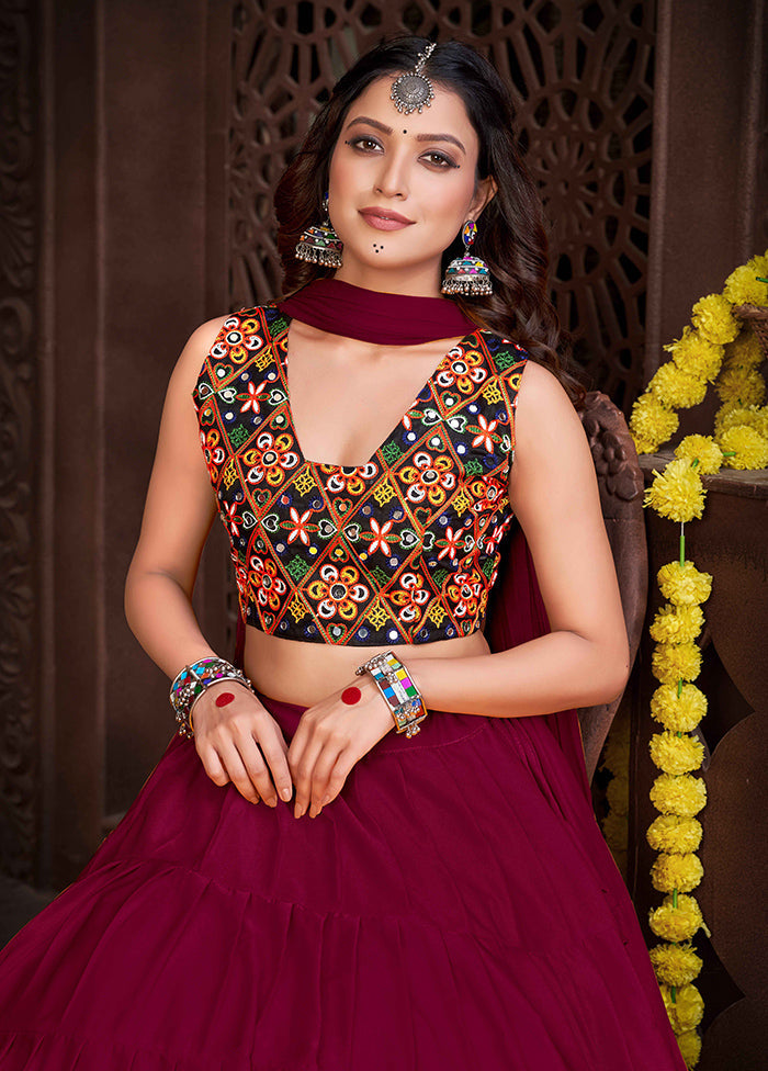 3 Pc Maroon Semi Stitched Lehenga Set