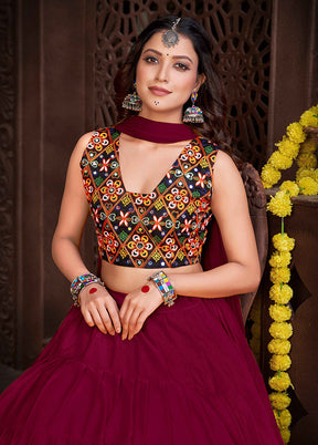 3 Pc Maroon Semi Stitched Lehenga Set