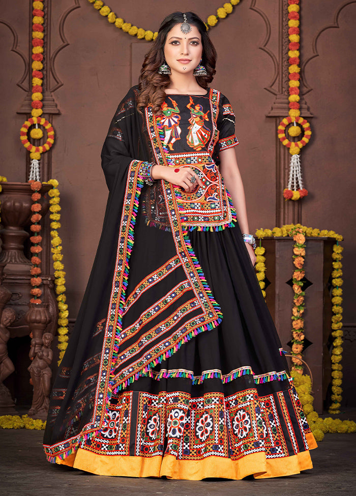 3 Pc Black Rayon Semi Stitched Lehenga Set