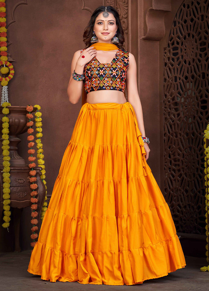 3 Pc Mustard Silk Semi Stitched Lehenga Set