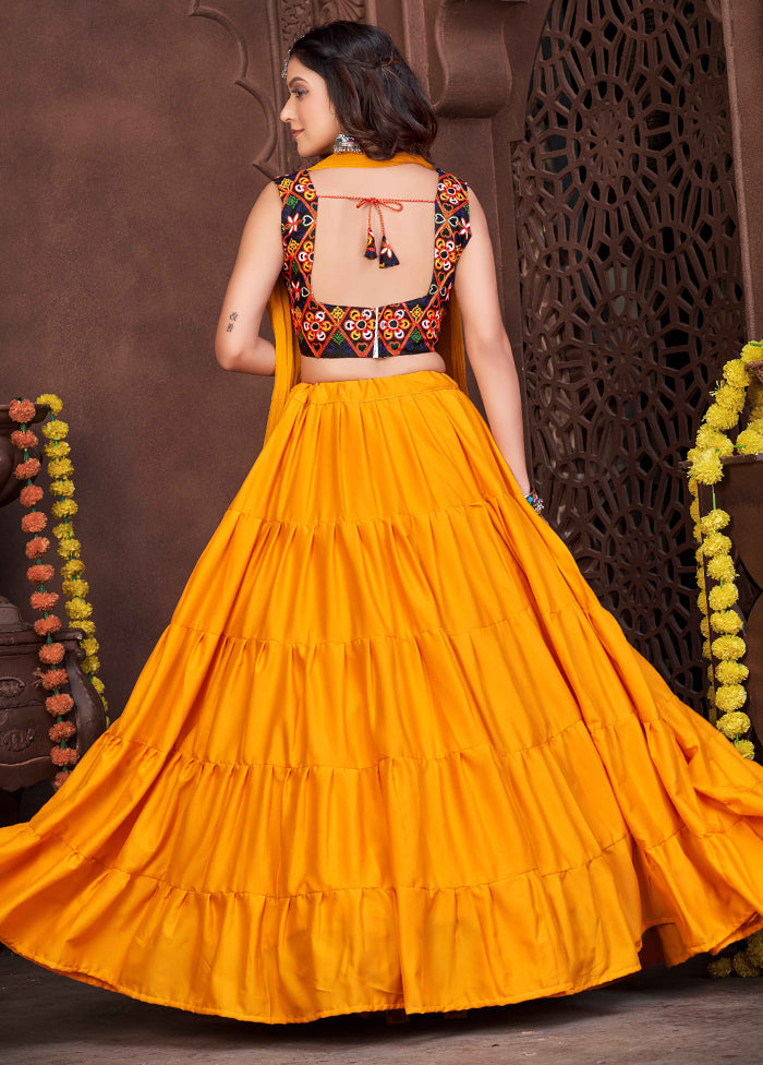 3 Pc Mustard Silk Semi Stitched Lehenga Set